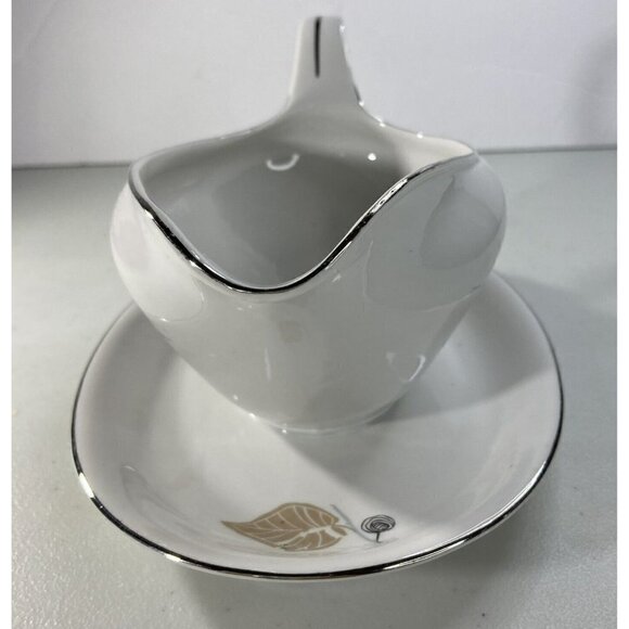Bavaria Germany Fine China Mid-Century Blue Brown Leaf Gravy Boat Silver Edging - Picture 2 of 12